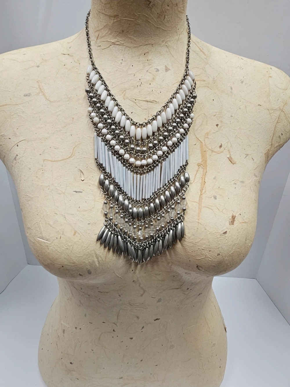 Statement Multi-Layer Silver & White Fringe Necklace
